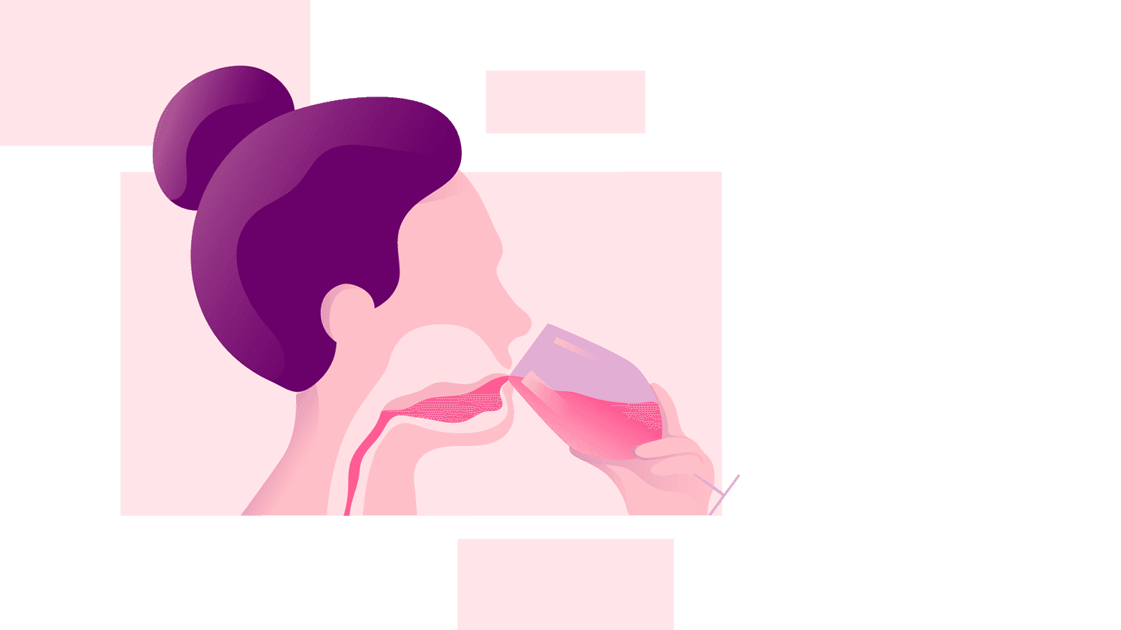 사람이 입으로 마신 액체에 포함된 알코올이 목구멍을 통과하는 그림.