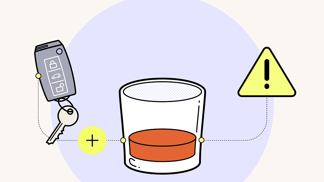 Car keys and a glass of alcohol with a warning symbol, indicating the danger of drinking and driving.